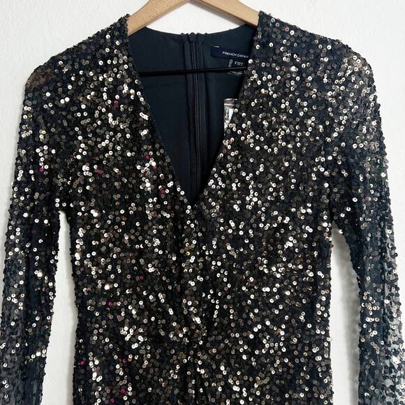 FRENCH CONNECTION EMILLE SPARKLE PEWTER SHORT DRESS V-NECK WOMEN LONG SLEEVE 4 - Picture 4 of 6